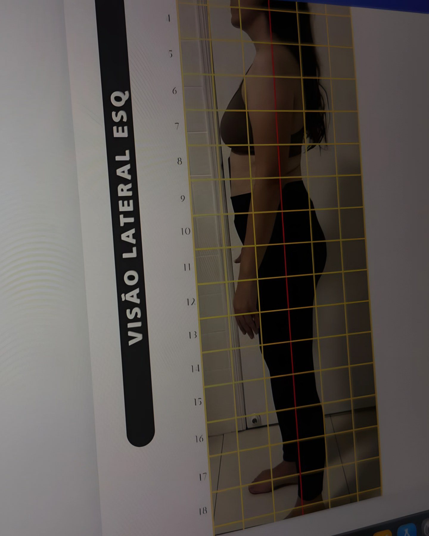 Avaliação postural de uma aluna em vista lateral, com grade de análise, na tela do computador